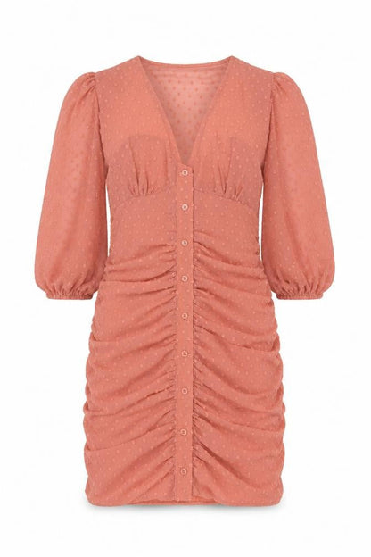 Front view of ASOS women’s brown polyester bodycon, size UK 8, v-neck button