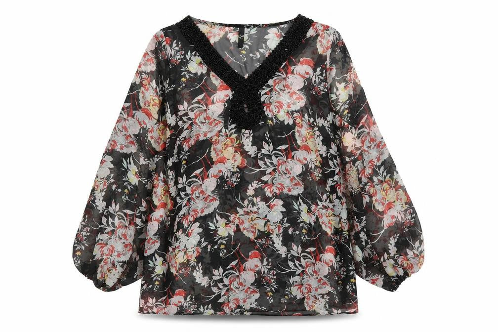 Evans Womens Black Floral Polyester Basic Blouse Size 18 V-Neck - Beaded Neckline