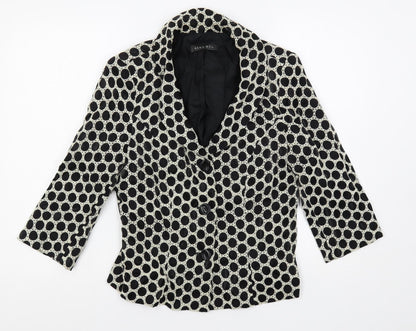 Additional front view of Alex & Co. women’s black polka dot jacket blazer, size UK 10, button