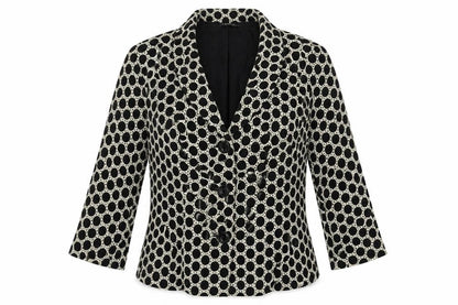 Front view of Alex & Co. women’s black polka dot jacket blazer, size UK 10, button