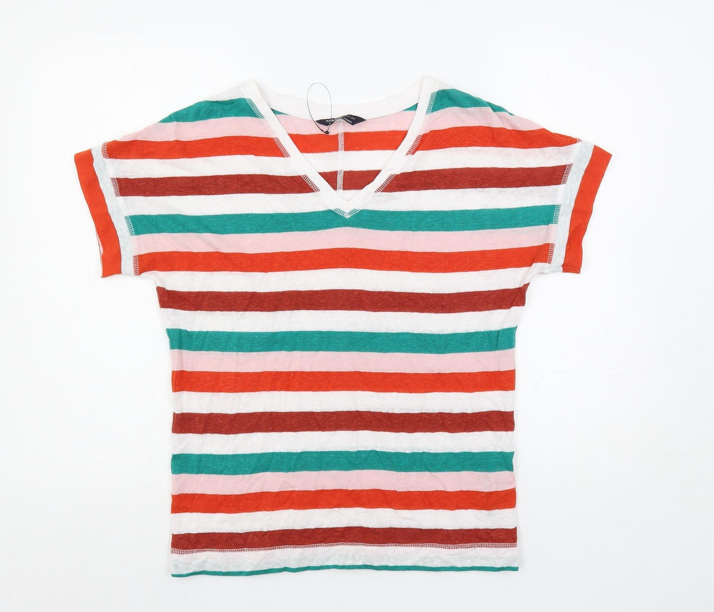 Marks and Spencer Womens Multicoloured Striped Linen Basic T-Shirt Size 8 V-Neck
