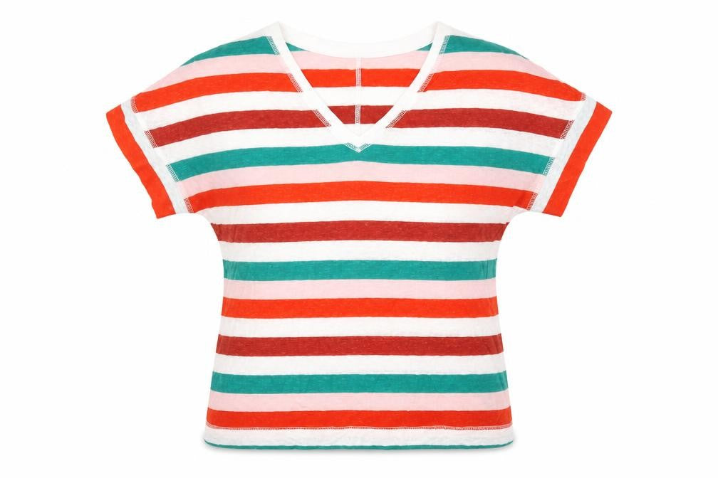 Marks & Spencer Womens Multicoloured Striped Linen Basic T-Shirt Size 8 V-Neck