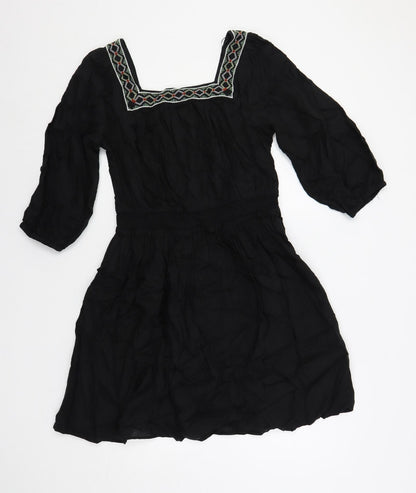 Marks & Spencer Womens Black Linen A-Line Size 10 Square Neck Pullover - Embroidered