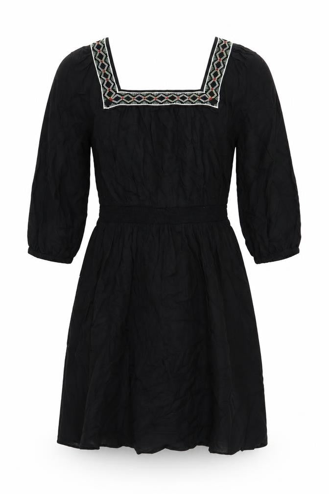 Marks & Spencer Womens Black Linen A-Line Size 10 Square Neck Pullover - Embroidered