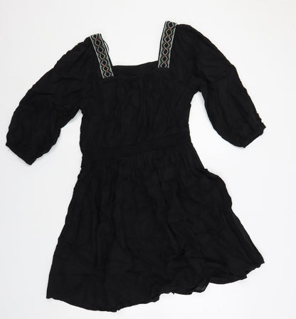 Marks & Spencer Womens Black Linen A-Line Size 10 Square Neck Pullover - Embroidered