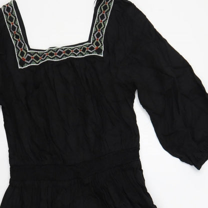 Marks & Spencer Womens Black Linen A-Line Size 10 Square Neck Pullover - Embroidered