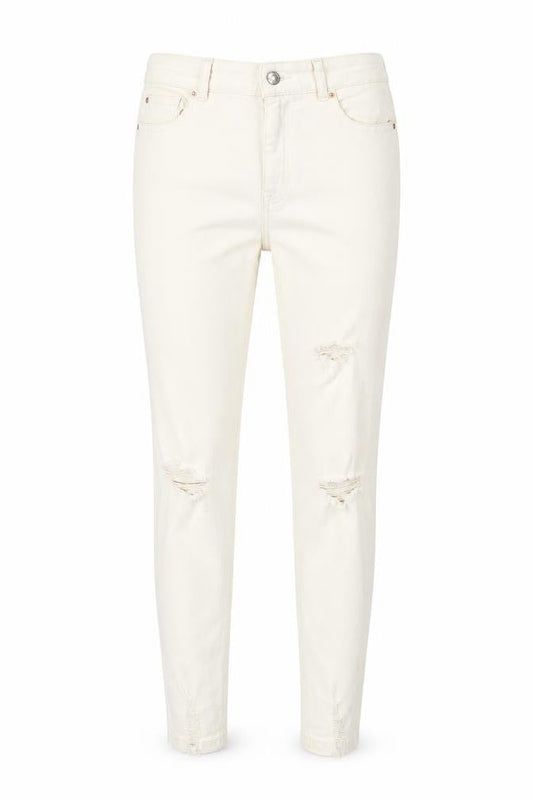 Front view of Denim & Co. women’s ivory cotton skinny jeans, size UK 12, 28-inch leg regular button