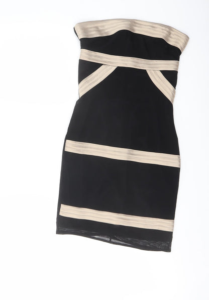 Additional front view of ASOS women’s black polyester mini, size UK 6, off the shoulder zip