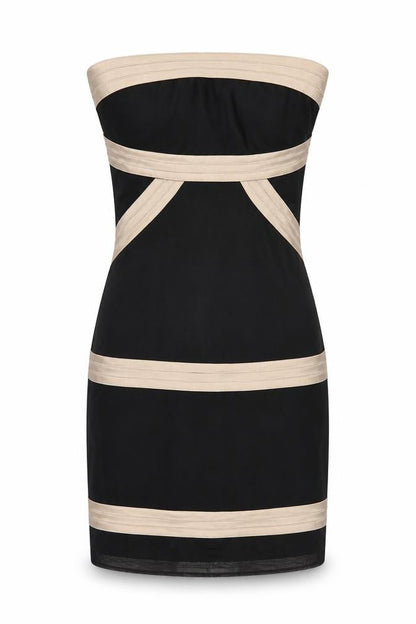 Front view of ASOS women’s black polyester mini, size UK 6, off the shoulder zip