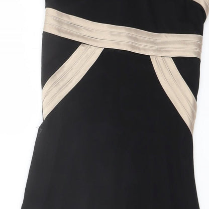 Close-up detail of ASOS women’s black polyester mini, size UK 6, off the shoulder zip