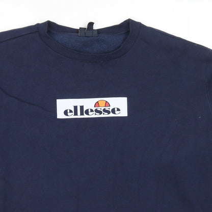 Close-up detail of Ellesse women’s blue cotton pullover sweatshirt, size XL, pullover