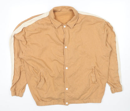 Additional front view of ASOS men’s beige varsity jacket jacket, size L, snap