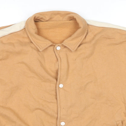 Close-up detail of ASOS men’s beige varsity jacket jacket, size L, snap