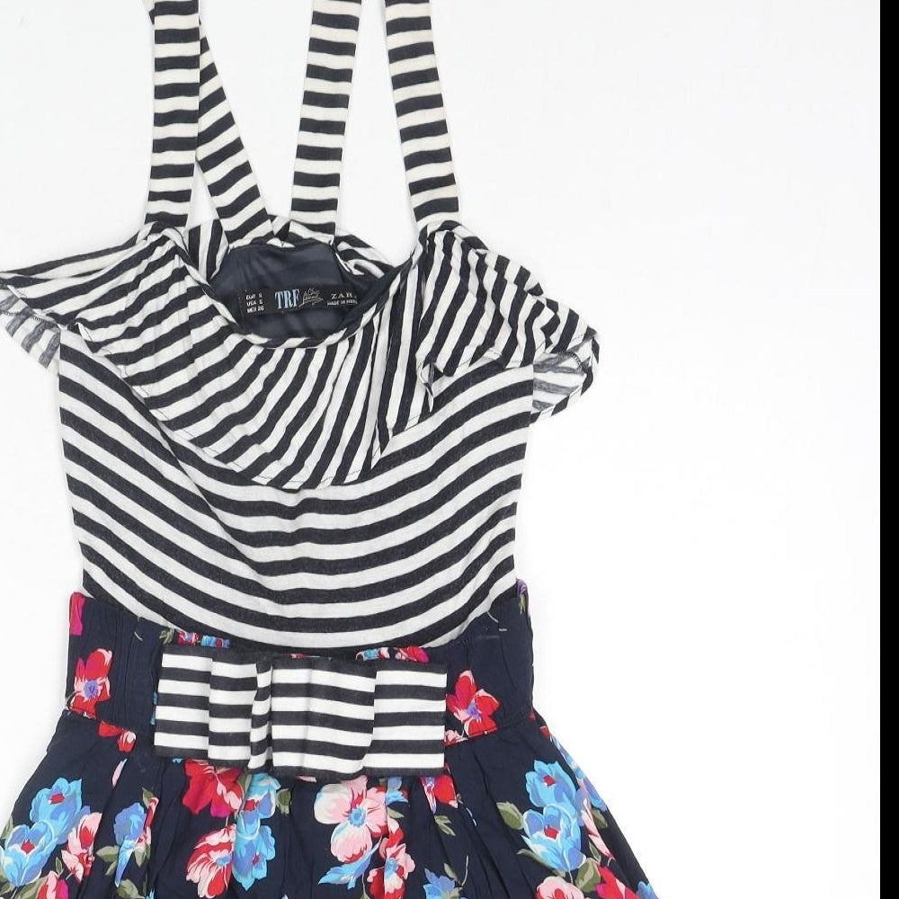 Zara Womens Multicoloured Striped Viscose Tank Dress Size S Square Neck Pullover - Flowers