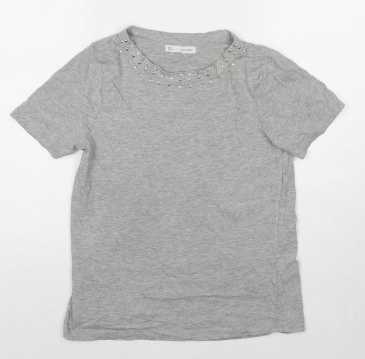 Sfera Womens Grey Polyester Basic T-Shirt Size S Round Neck - Beaded Detail