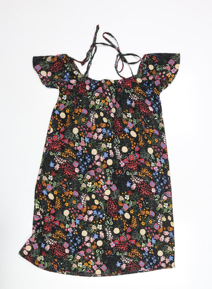 Back view of Only women’s multicoloured floral polyester shift, size UK 8, square neck tie - cold shoulder