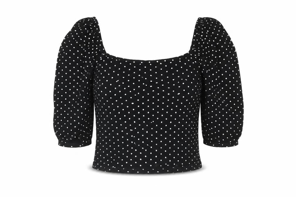 Missguided Womens Black Polka Dot Viscose Cropped Blouse Size 8 Square Neck