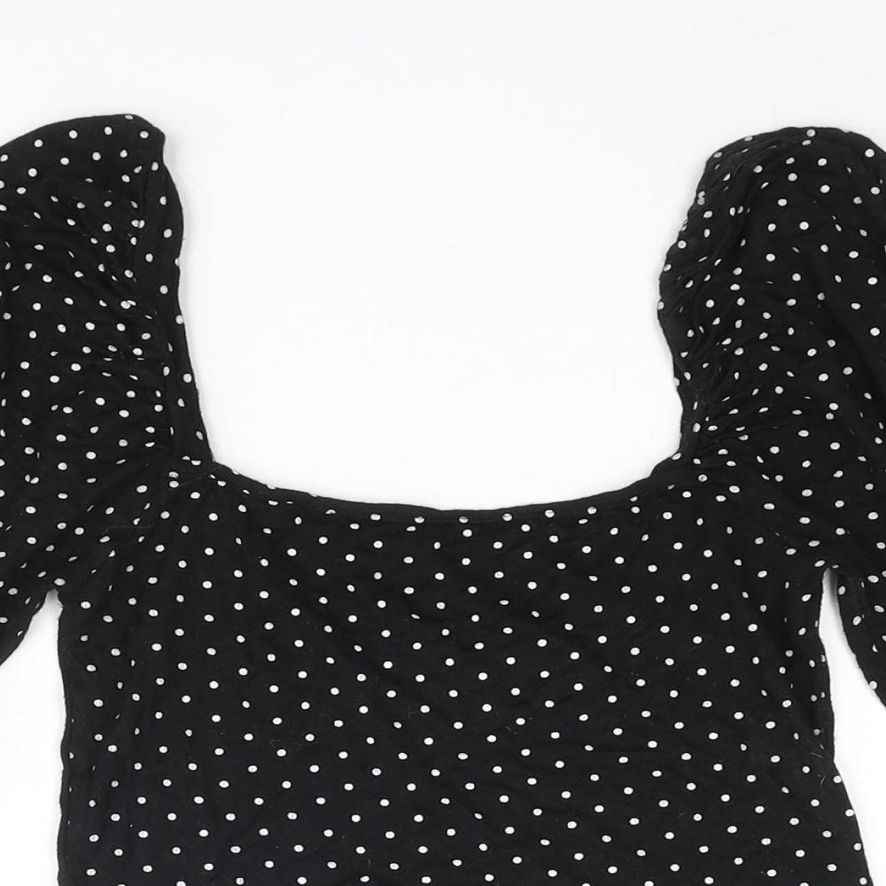 Missguided Womens Black Polka Dot Viscose Cropped Blouse Size 8 Square Neck