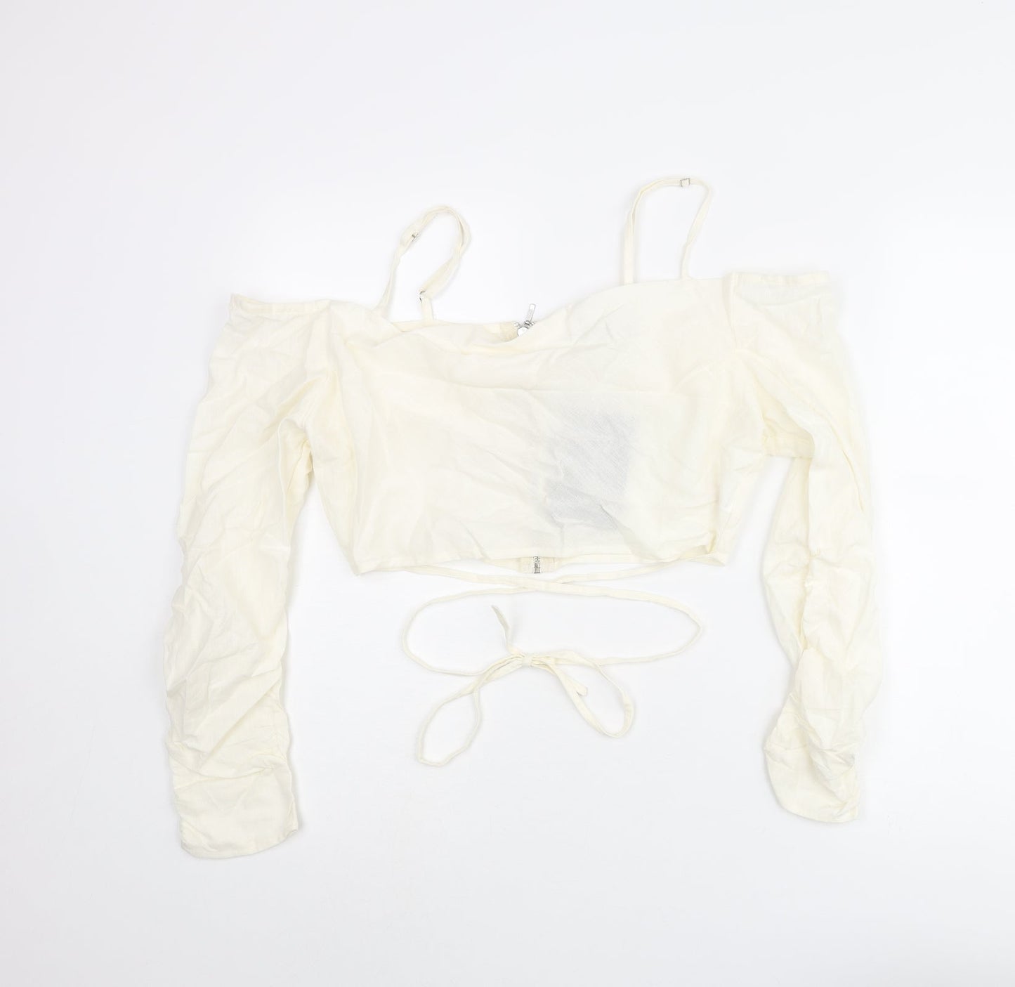 PRETTYLITTLETHING Womens Ivory Cotton Cropped Blouse Size 12 Off the Shoulder - Strap Wrap Detail Cold Soulder