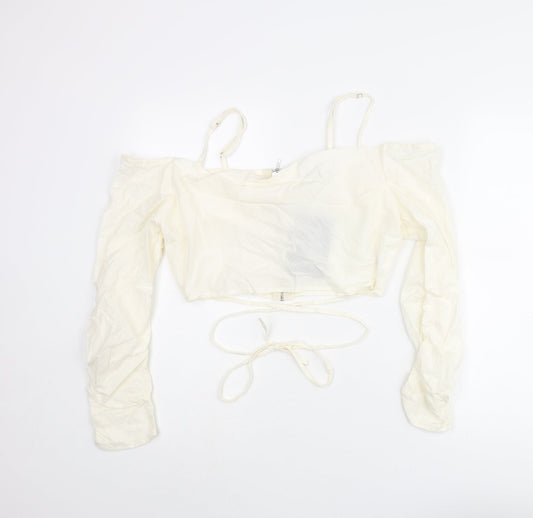 PRETTYLITTLETHING Womens Ivory Cotton Cropped Blouse Size 12 Off the Shoulder - Strap Wrap Detail Cold Soulder