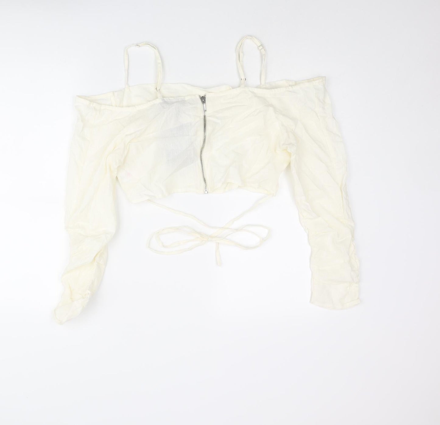 PRETTYLITTLETHING Womens Ivory Cotton Cropped Blouse Size 12 Off the Shoulder - Strap Wrap Detail Cold Soulder