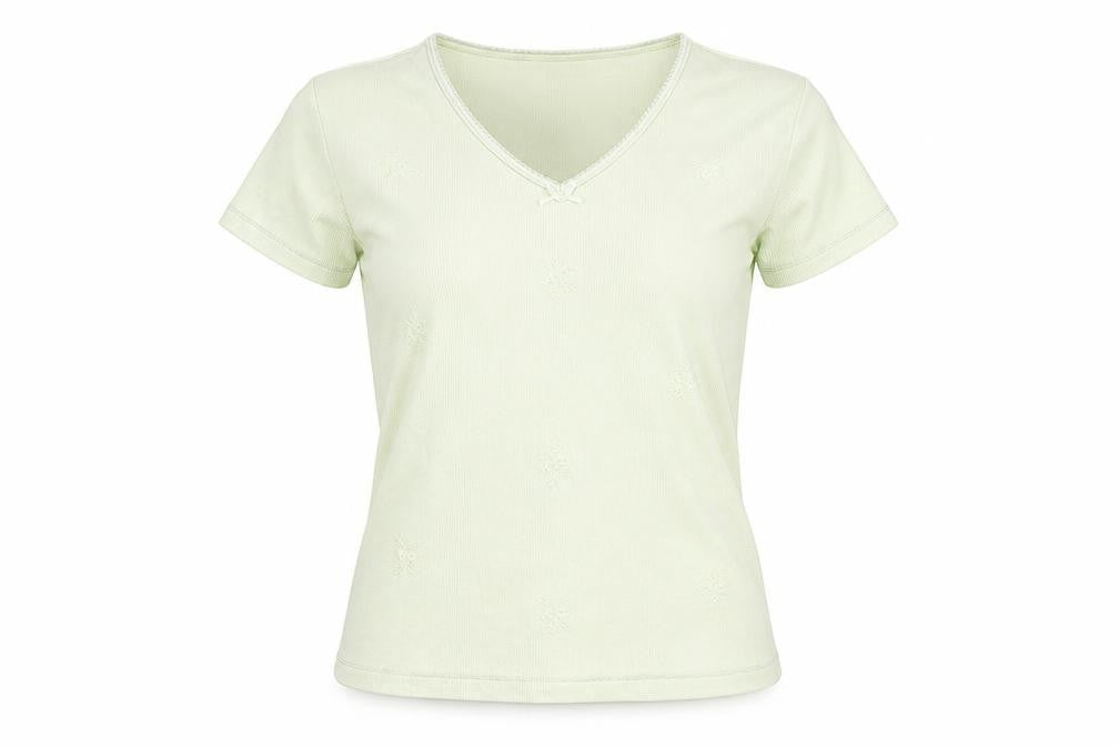 Obzee Womens Green Cotton Basic T-Shirt Size S V-Neck - Size S-M Floral Embroidery Bow