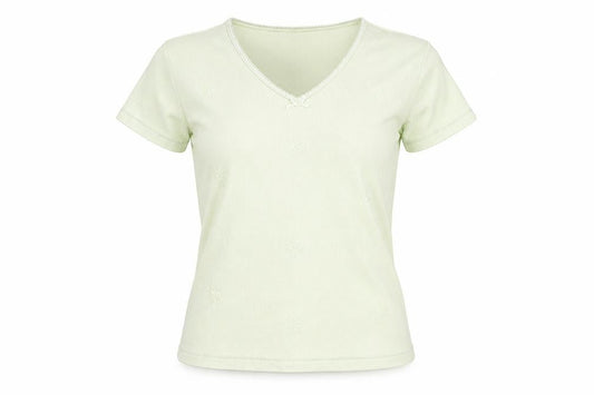Obzee Womens Green Cotton Basic T-Shirt Size S V-Neck - Size S-M Floral Embroidery Bow