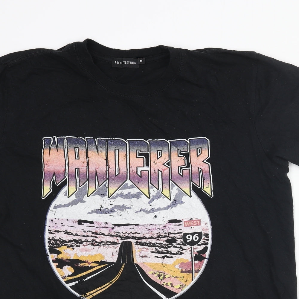 PRETTYLITTLETHING Womens Black Polyester Basic T-Shirt Size M Round Neck - Wanderer Road Print