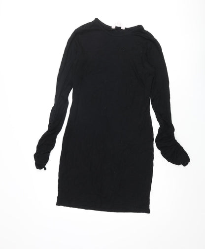Additional front view of Miss Selfridge women’s black viscose shift, size UK 10, round neck pullover - rouched sleeve