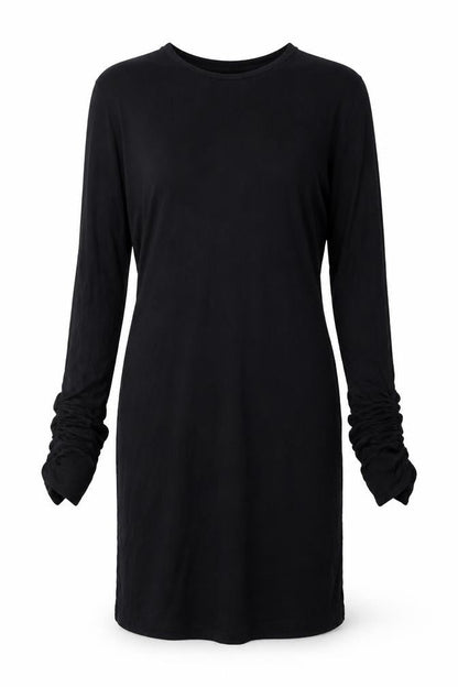Front view of Miss Selfridge women’s black viscose shift, size UK 10, round neck pullover - rouched sleeve