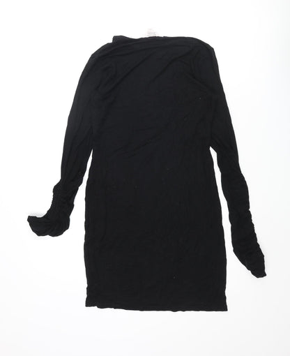 Back view of Miss Selfridge women’s black viscose shift, size UK 10, round neck pullover - rouched sleeve