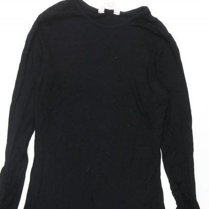 Close-up detail of Miss Selfridge women’s black viscose shift, size UK 10, round neck pullover - rouched sleeve
