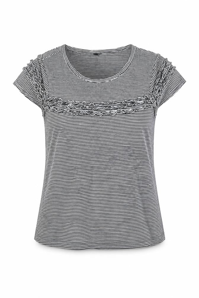 Marks & Spencer Womens Black Striped Cotton Basic Blouse Size 14 Round Neck - Frill