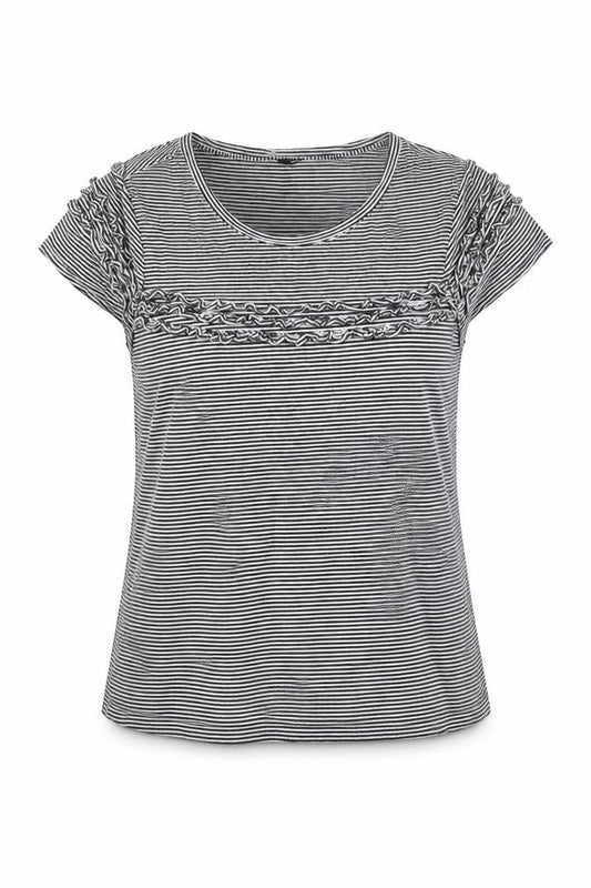 Marks and Spencer Womens Black Striped Cotton Basic Blouse Size 14 Round Neck - Frill