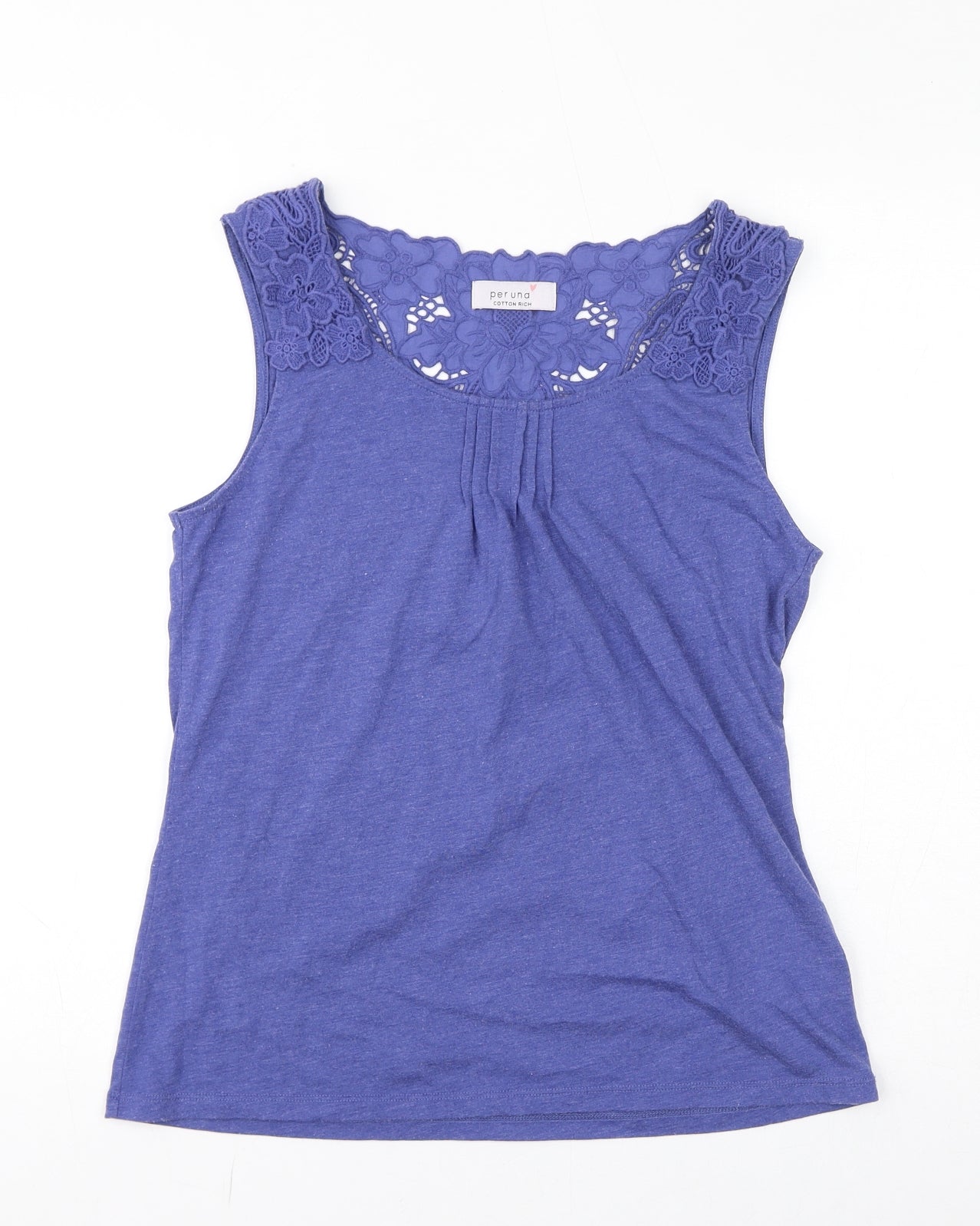 Per Una Womens Blue Cotton Basic Tank Size 10 Round Neck - Crochet Back