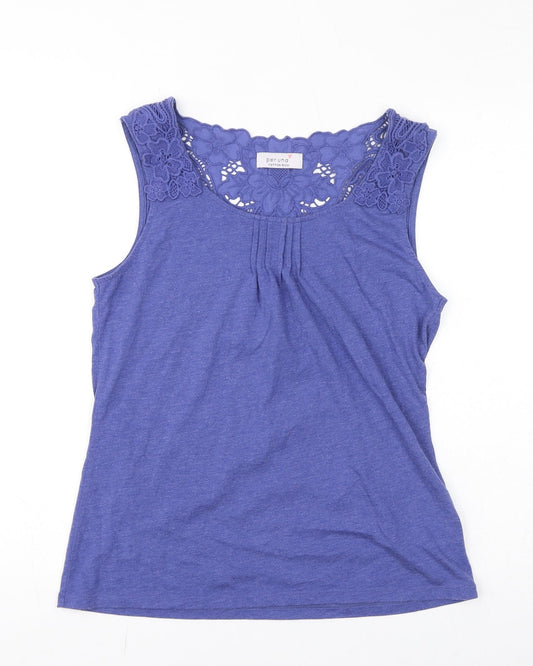 Per Una Womens Blue Cotton Basic Tank Size 10 Round Neck - Crochet Back