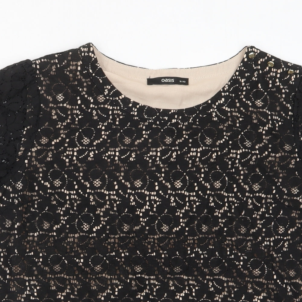 Oasis Womens Black Cotton Basic T-Shirt Size 16 Crew Neck - Buttons