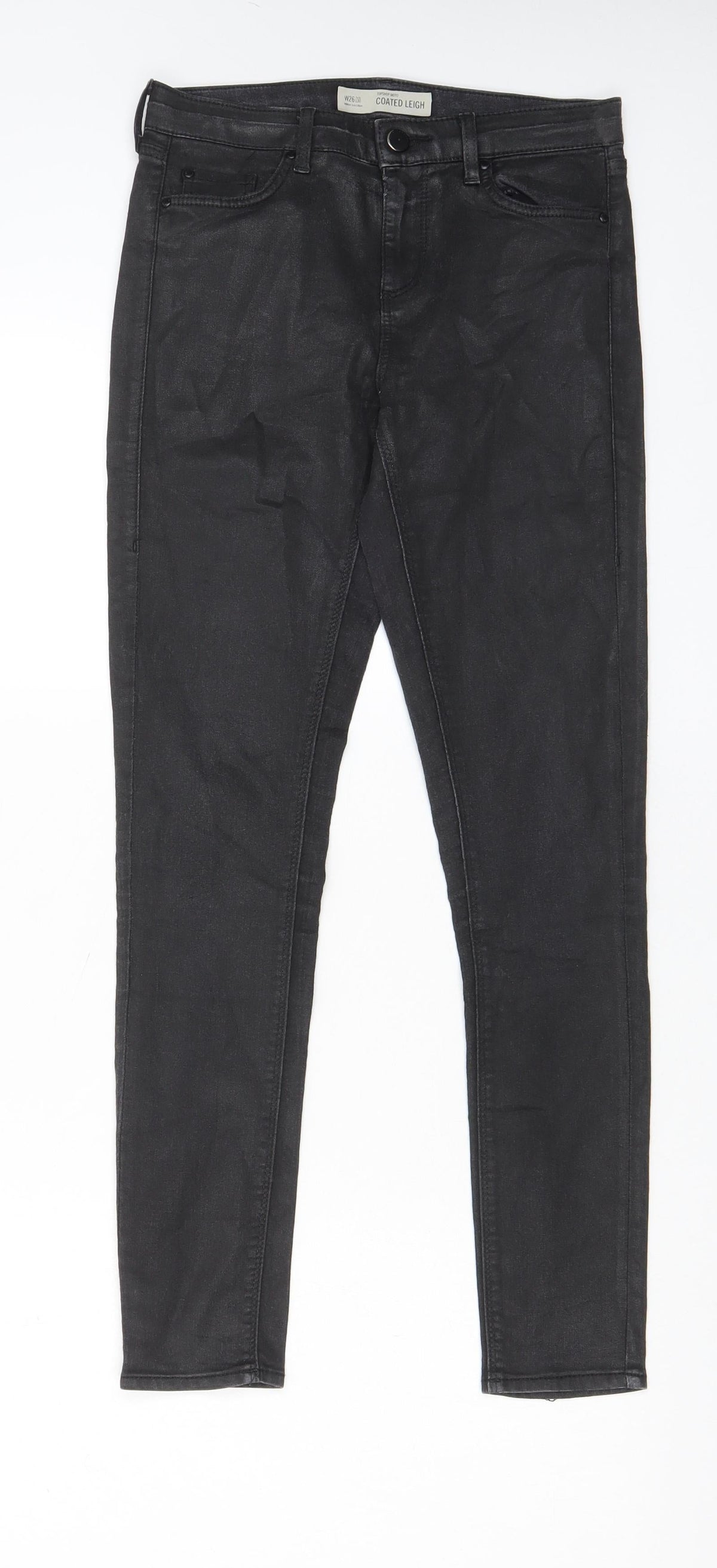 Topshop Womens Black Cotton Trousers Size 26 in L32 in Regular Zip - Coated