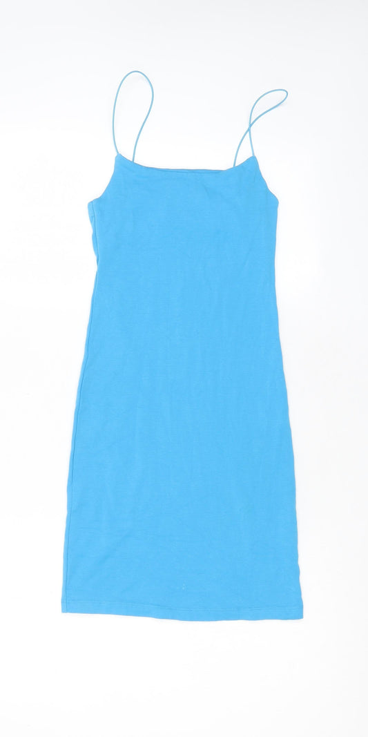 Zara Womens Blue Cotton Tank Dress Size M Square Neck Pullover