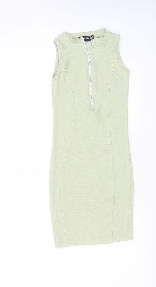 PRETTYLITTLETHING Womens Green Polyester T-Shirt Dress Size 6 Crew Neck Pullover - Zip