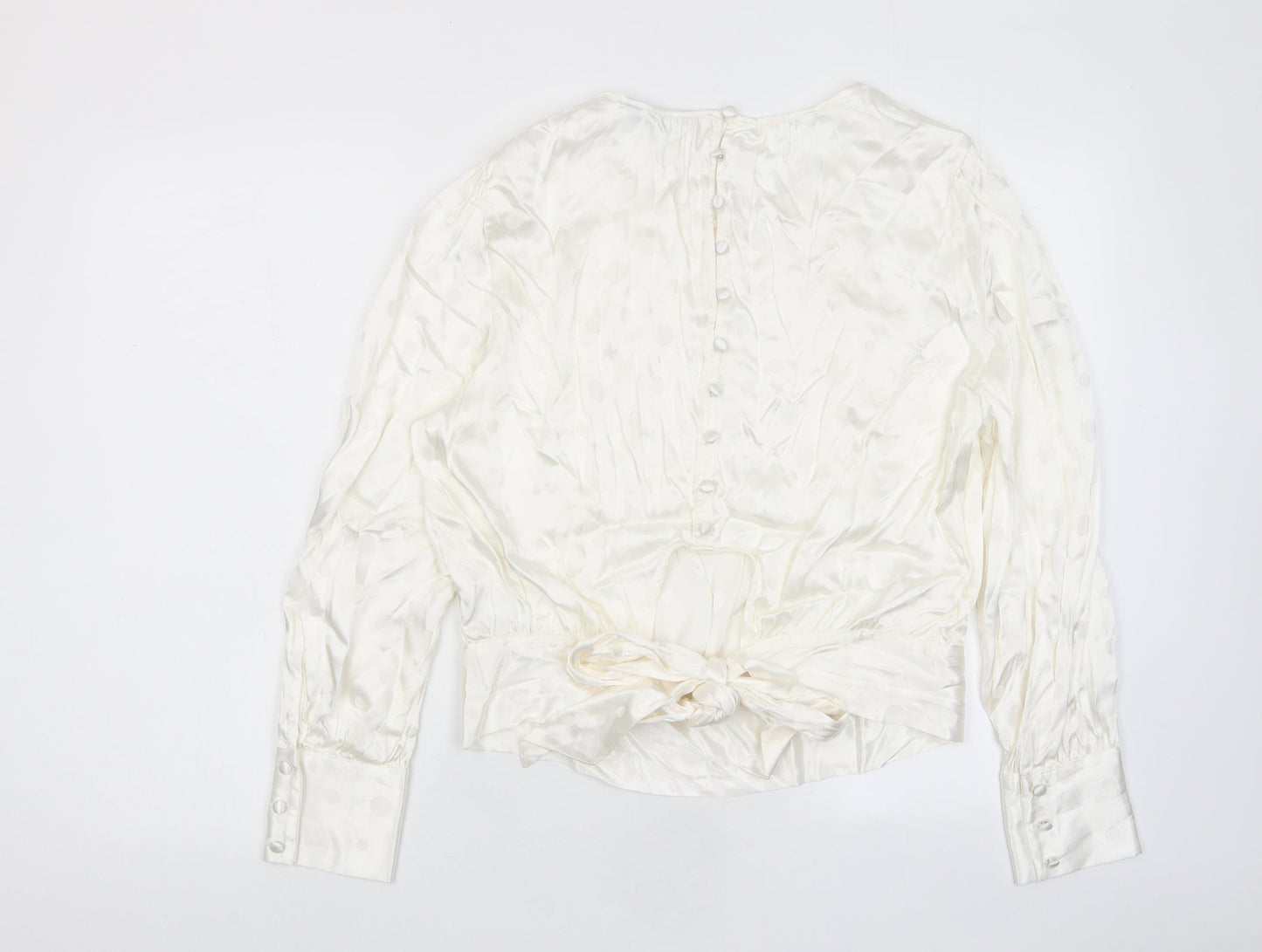 Marks and Spencer Womens Ivory Polka Dot Viscose Basic Blouse Size 6 Crew Neck - Tie Back