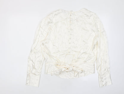 Marks & Spencer Womens Ivory Polka Dot Viscose Basic Blouse Size 6 Crew Neck - Tie Back