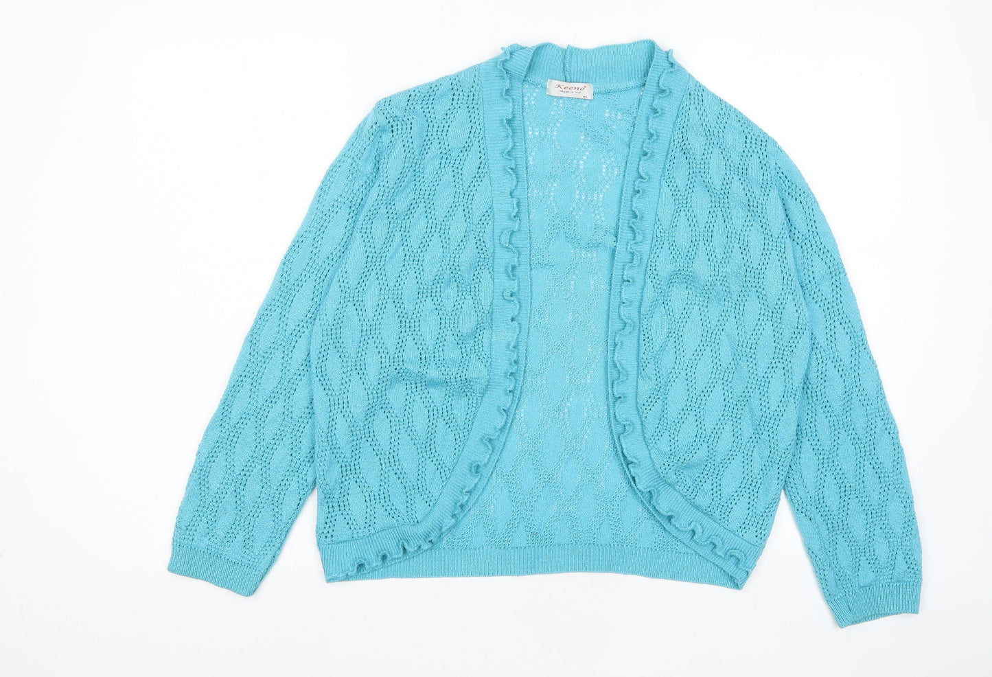 Keeno Womens Blue V-Neck Acrylic Cardigan Jumper Size M - Open, Frill