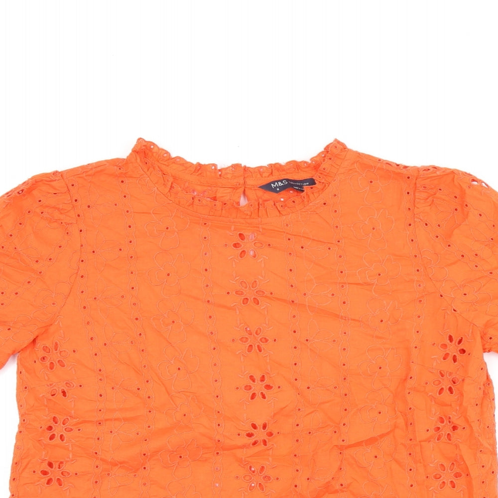 Marks and Spencer Womens Red Floral Polyester Basic T-Shirt Size 8 Round Neck - Broderie Anglaise