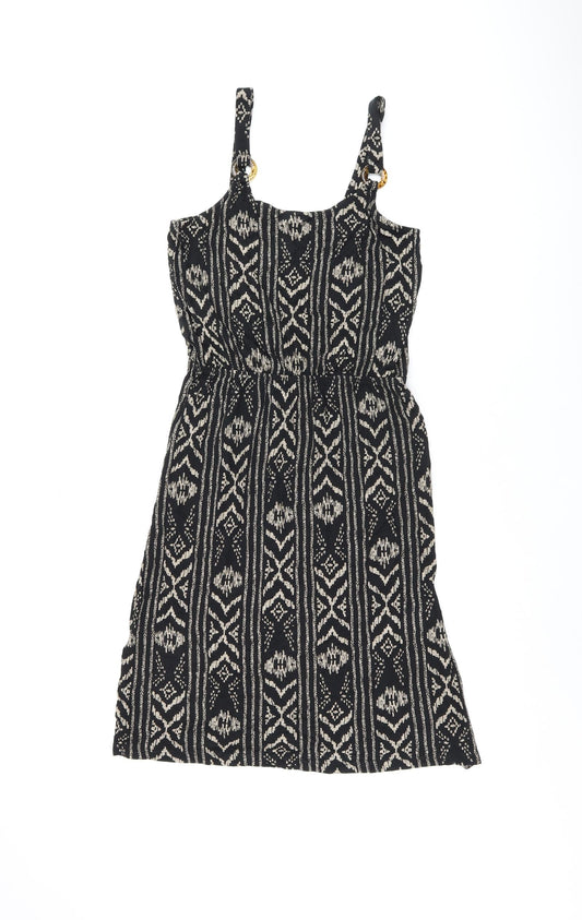LASCANA Womens Black Geometric Viscose Skater Dress Size 10 Scoop Neck Pullover - Split Hem