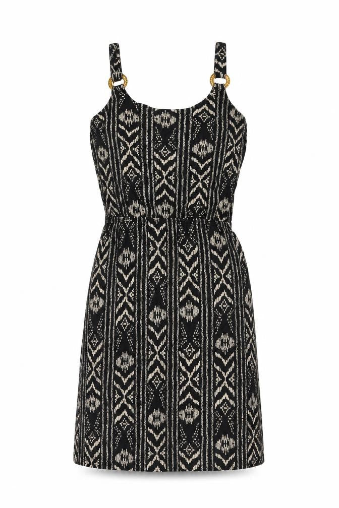 LASCANA Womens Black Geometric Viscose Skater Dress Size 10 Scoop Neck Pullover - Split Hem