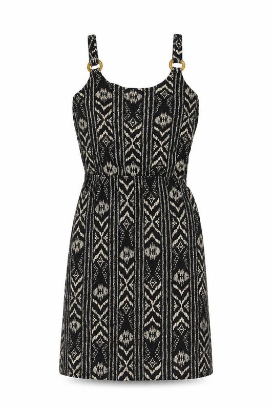 LASCANA Womens Black Geometric Viscose Skater Dress Size 10 Scoop Neck Pullover - Split Hem