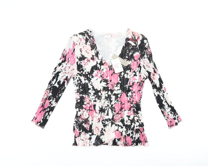 Country Casuals Womens Black Floral Polyester Basic T-Shirt Size M V-Neck - Pleated