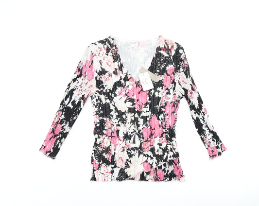 CC Womens Black Floral Polyester Basic T-Shirt Size M V-Neck - Pleated