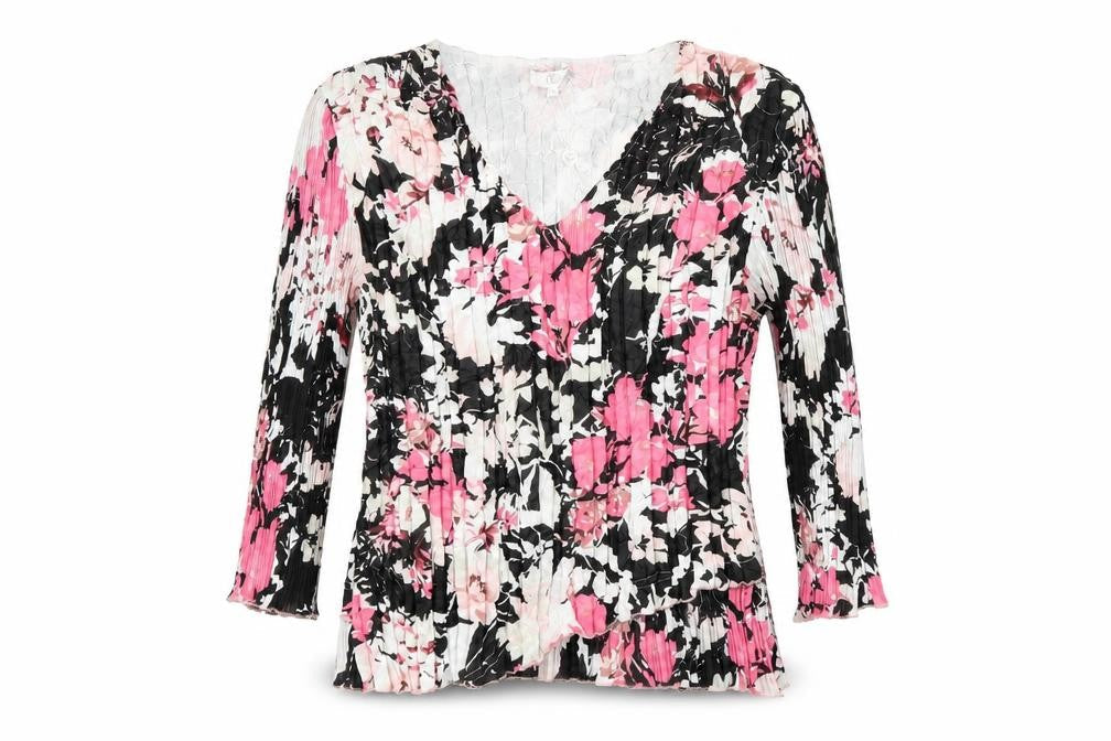 Country Casuals Womens Black Floral Polyester Basic T-Shirt Size M V-Neck - Pleated
